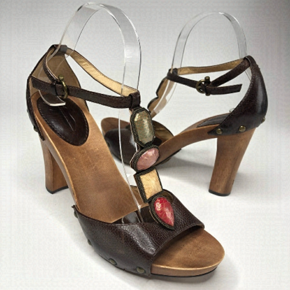 NEW Frye Dolly Leather Jewel Gem Stone T-Strap Boho Chunky Wooden Heels Shoes